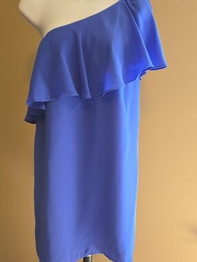 Naked Zebra One-Shoulder Ruffle Shift Dress in Royal Blue